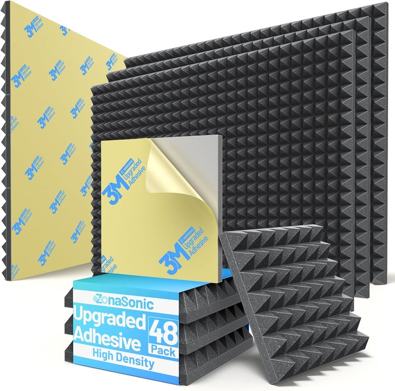 ZonaSonic 48 Pack Pyramid Sound Proof Foam Panels for Walls with Updated Self-Adhesive 2"X12"X12" High Density Acoustic Panels Sound Absorbing Fast-Expanding Soundproof Wall Panels for Gaming Studio Decor-Black - Image 1